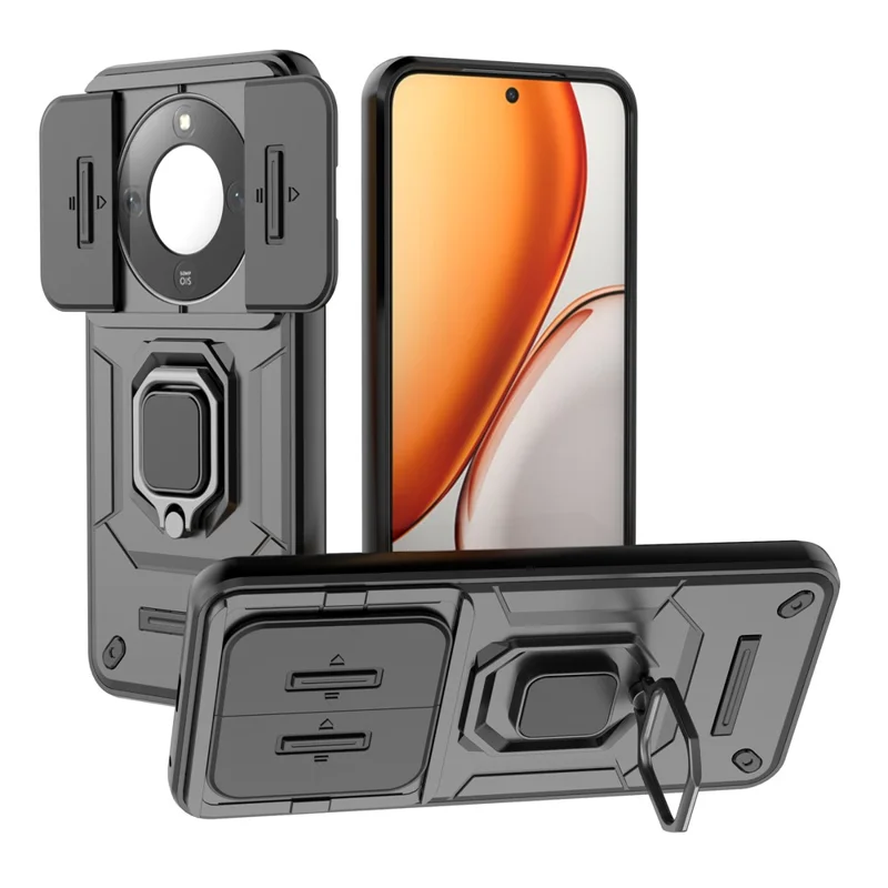 Kickstand Case for Honor Magic8 Lite 5G  /  X9d 5G  /  X70 5G PC + TPU Phone Protector with Lens Cover - Black