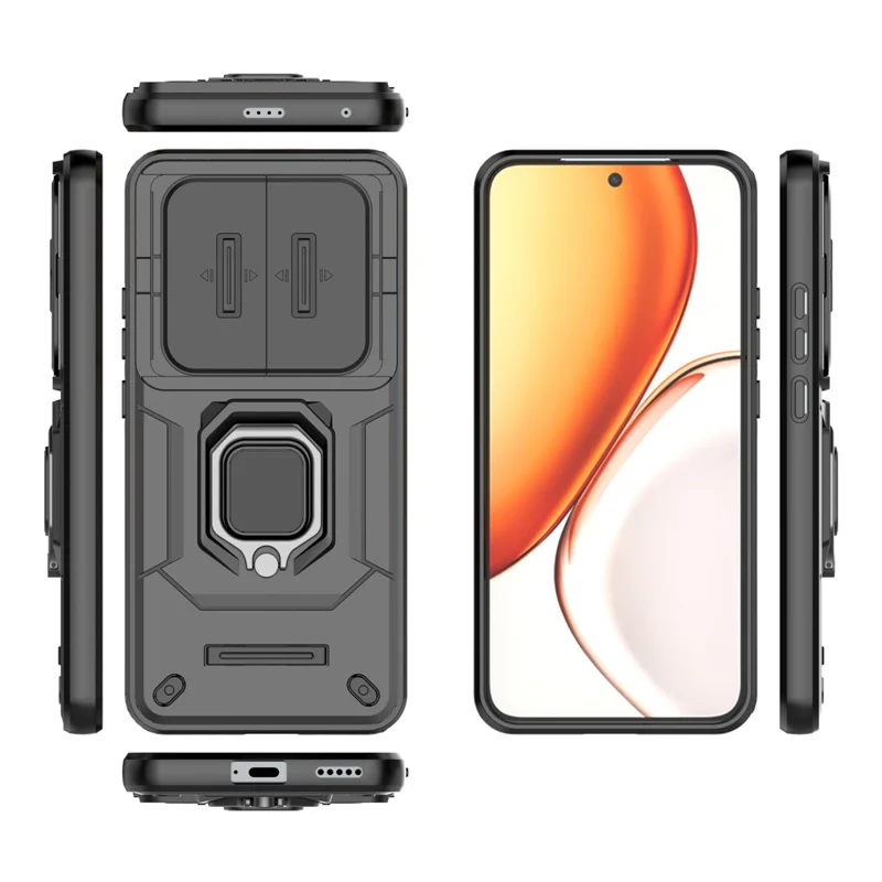 Kickstand Case for Honor Magic8 Lite 5G  /  X9d 5G  /  X70 5G PC + TPU Phone Protector with Lens Cover - Black