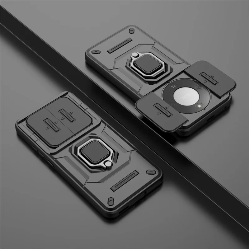 Kickstand Case for Honor Magic8 Lite 5G  /  X9d 5G  /  X70 5G PC + TPU Phone Protector with Lens Cover - Black