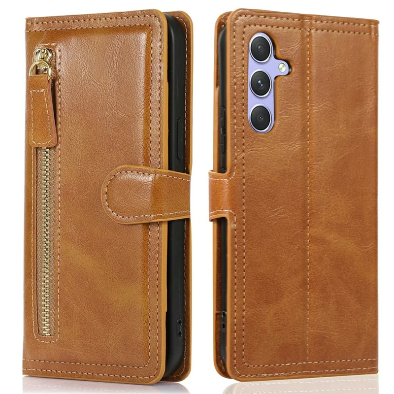 For Samsung Galaxy S26 Case Zipper Flip Leather Phone Cover with Card Holder - Orange