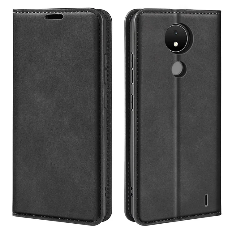 Für Nokia C21 Skin-touch Feeling Phone Stand Case PU Leder Folio Flip Magnetisch Auto-absorbiert Brieftasche Abdeckung - Schwarz