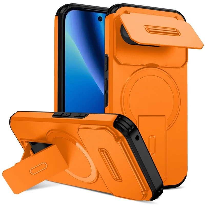 Capa Magnética para Google Pixel 10a com Suporte e Câmara Deslizante, Capa para Telemóvel em PC + TPU - Laranja