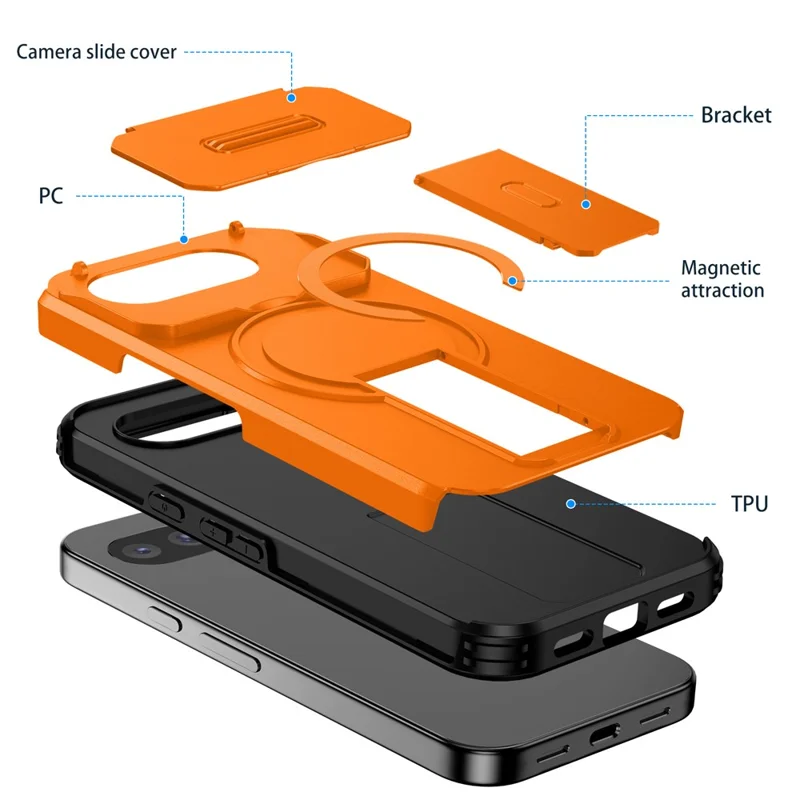 Capa Magnética para Google Pixel 10a com Suporte e Câmara Deslizante, Capa para Telemóvel em PC + TPU - Laranja