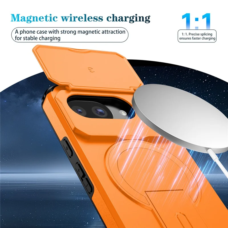 Capa Magnética para Google Pixel 10a com Suporte e Câmara Deslizante, Capa para Telemóvel em PC + TPU - Laranja