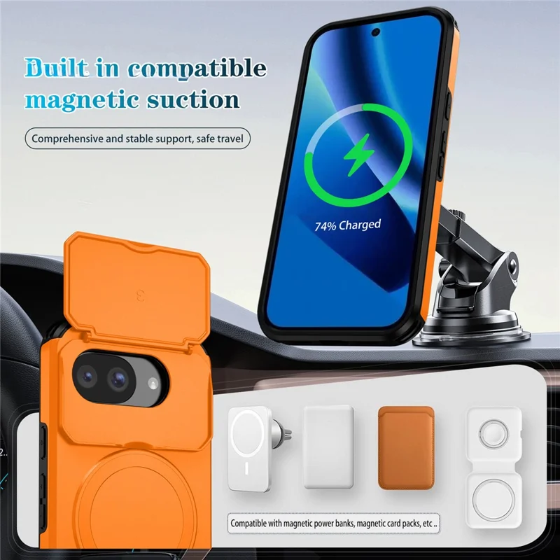 Capa Magnética para Google Pixel 10a com Suporte e Câmara Deslizante, Capa para Telemóvel em PC + TPU - Laranja