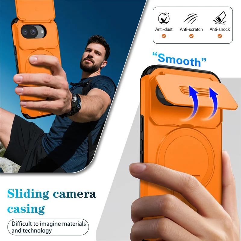 Capa Magnética para Google Pixel 10a com Suporte e Câmara Deslizante, Capa para Telemóvel em PC + TPU - Laranja