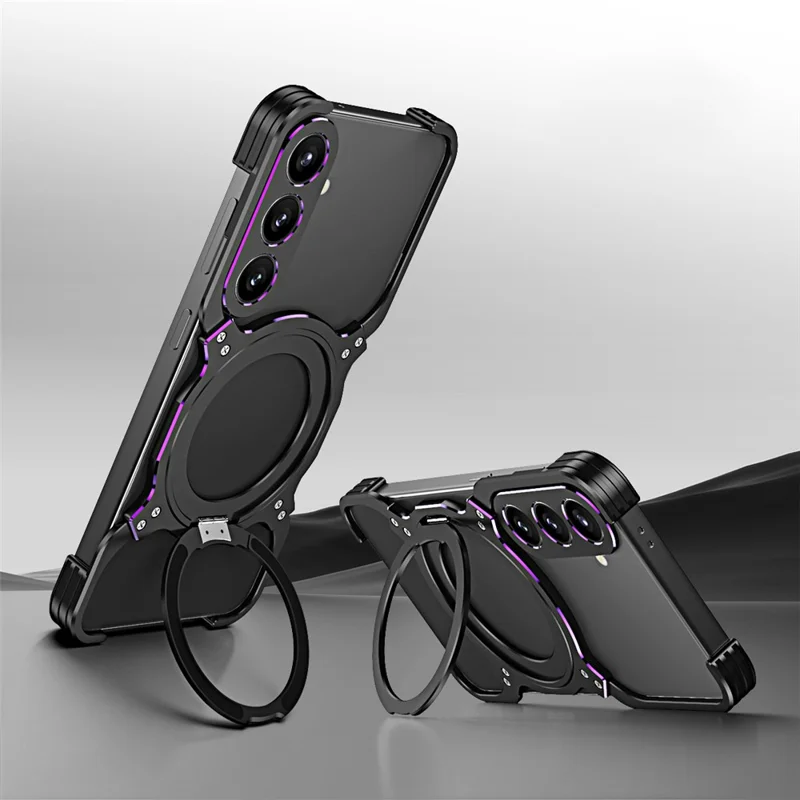 For Samsung Galaxy S26 Case Kickstand Metal Bumper Magnetic Phone Cover - Black  /  Purple