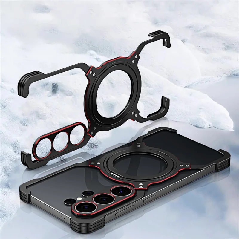 Чехол для Samsung Galaxy S26 Ultra с подставкой, металлический бампер, магнитный чехол - Черный / Красный