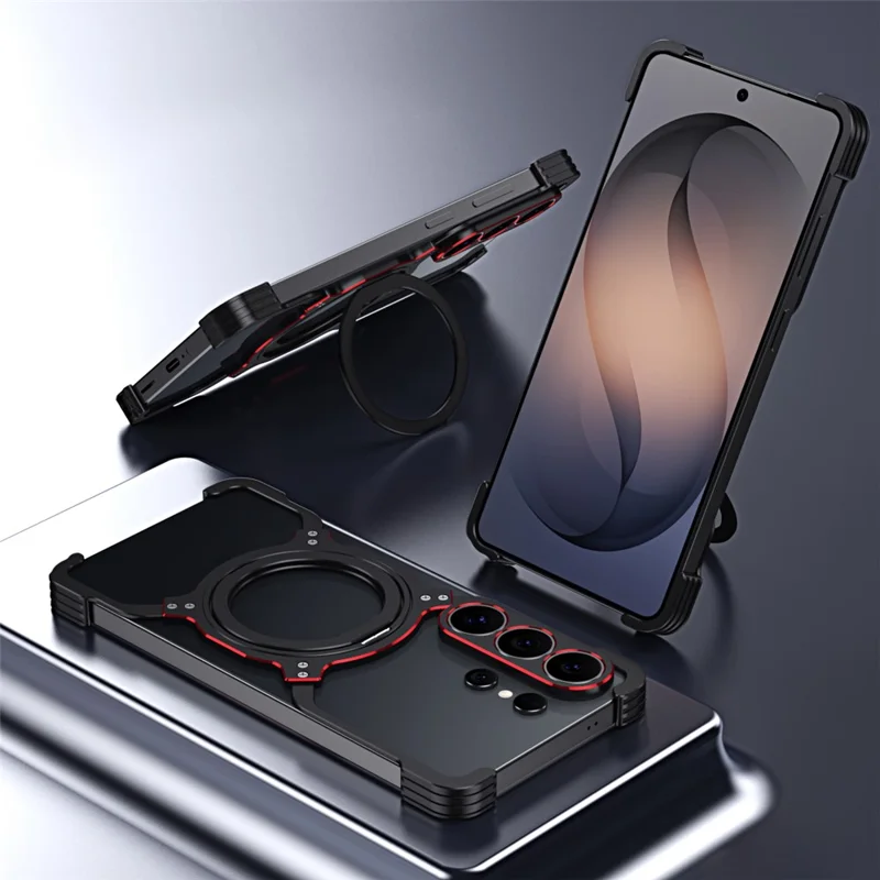 Чехол для Samsung Galaxy S26 Ultra с подставкой, металлический бампер, магнитный чехол - Черный / Красный