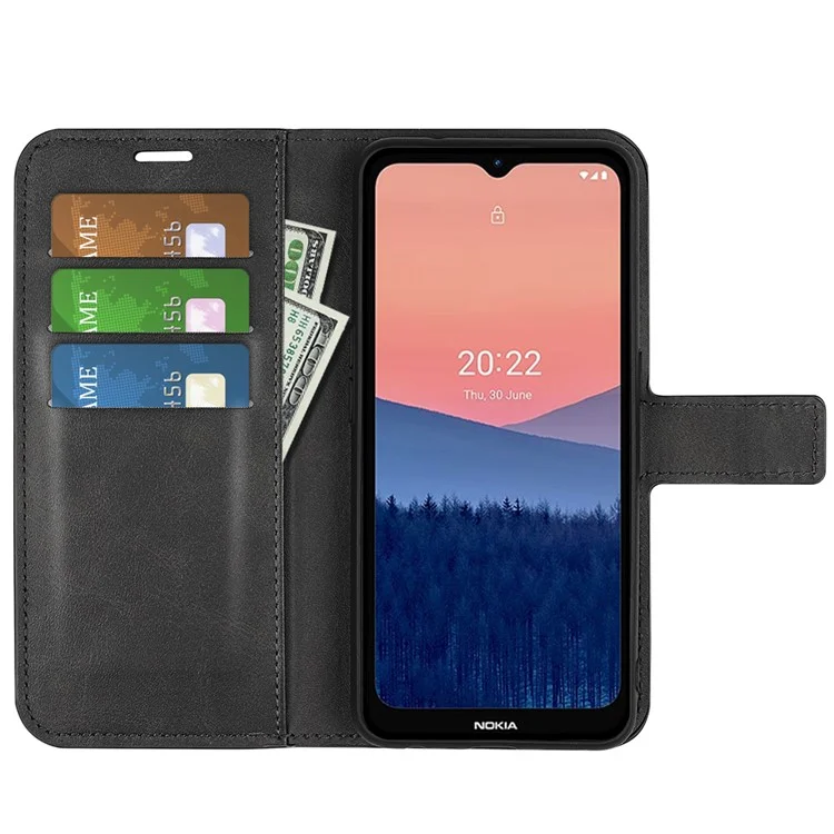 For Nokia C21 Anti-fingerprint Calf Texture Stand Wallet PU Leather Case Square Magnetic Closure Flip Phone Cover - Black