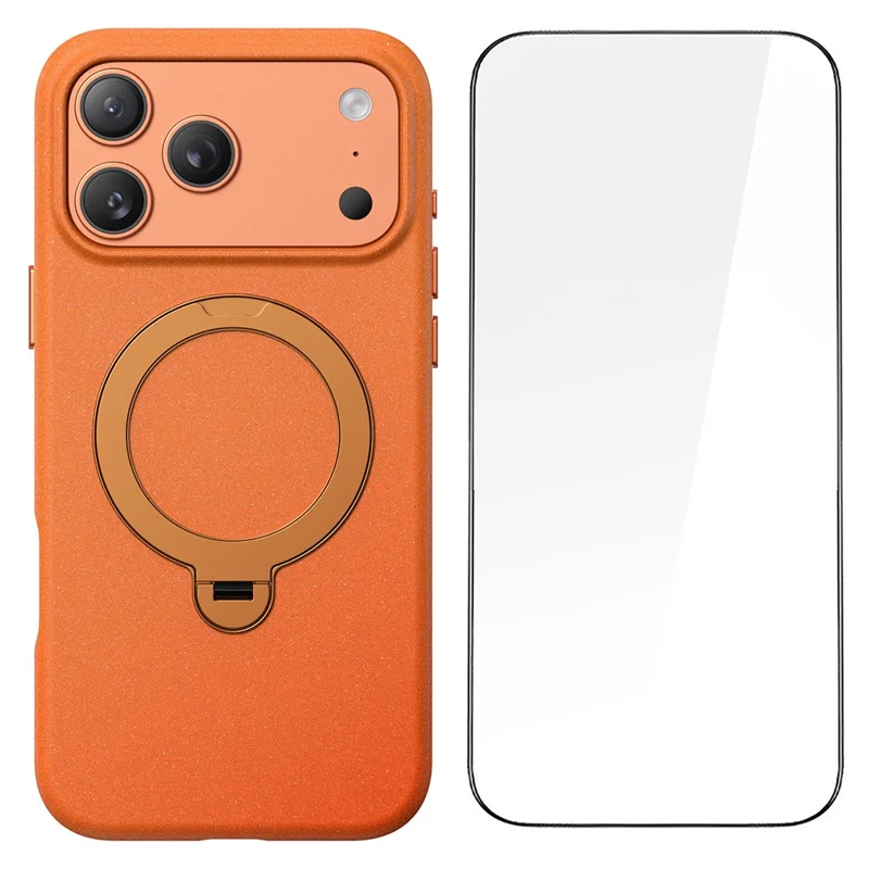 For iPhone 17 Pro Max Matte Magnetic Case with Tempered Glass 360° Ring Kickstand Shockproof Cover - Orange