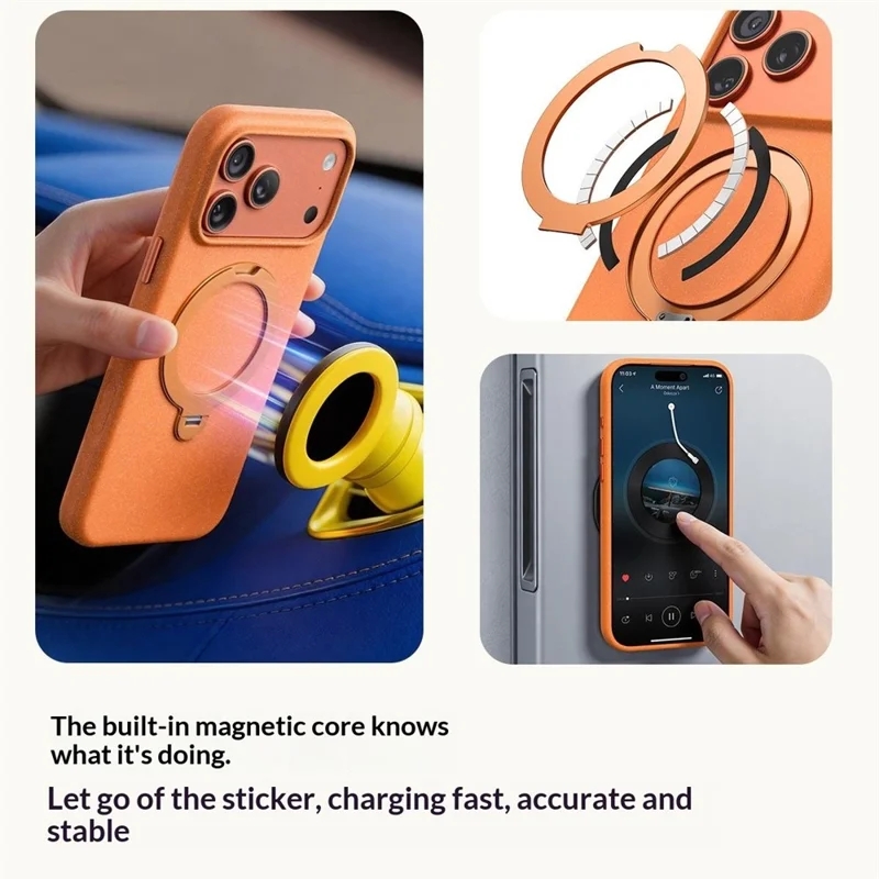 For iPhone 17 Pro Max Matte Magnetic Case with Tempered Glass 360° Ring Kickstand Shockproof Cover - Orange