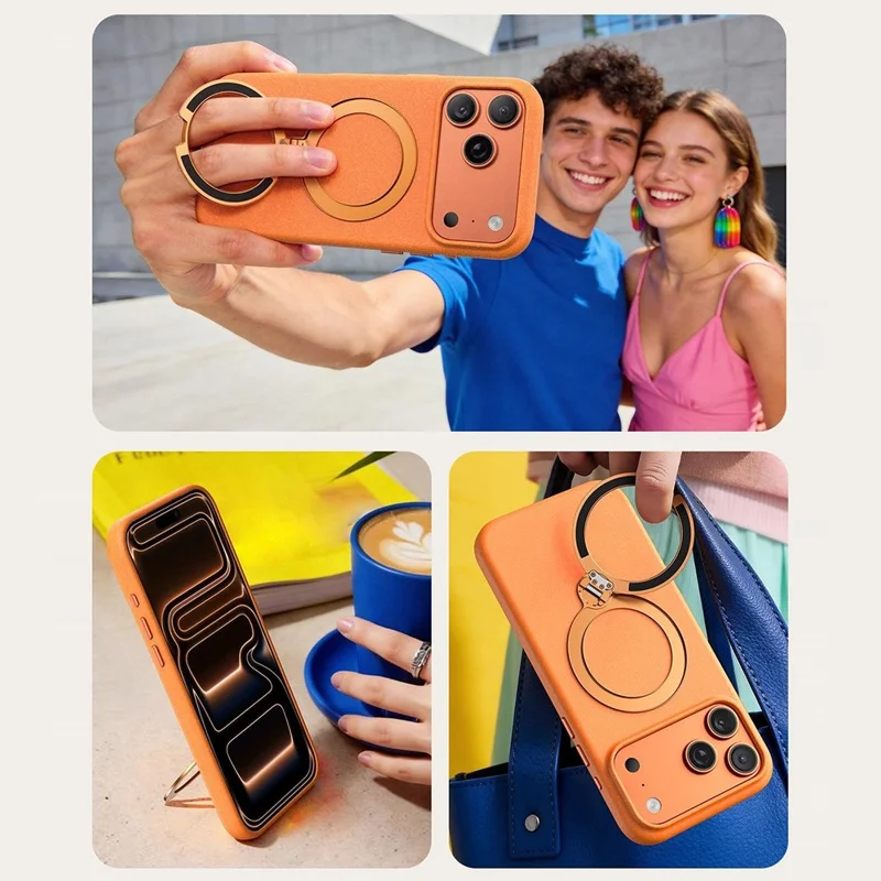 For iPhone 17 Pro Max Matte Magnetic Case with Tempered Glass 360° Ring Kickstand Shockproof Cover - Orange