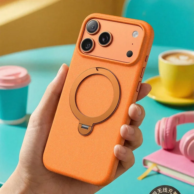 For iPhone 17 Pro Matte Magnetic Case with Tempered Glass 360° Ring Kickstand Shockproof Cover - Orange