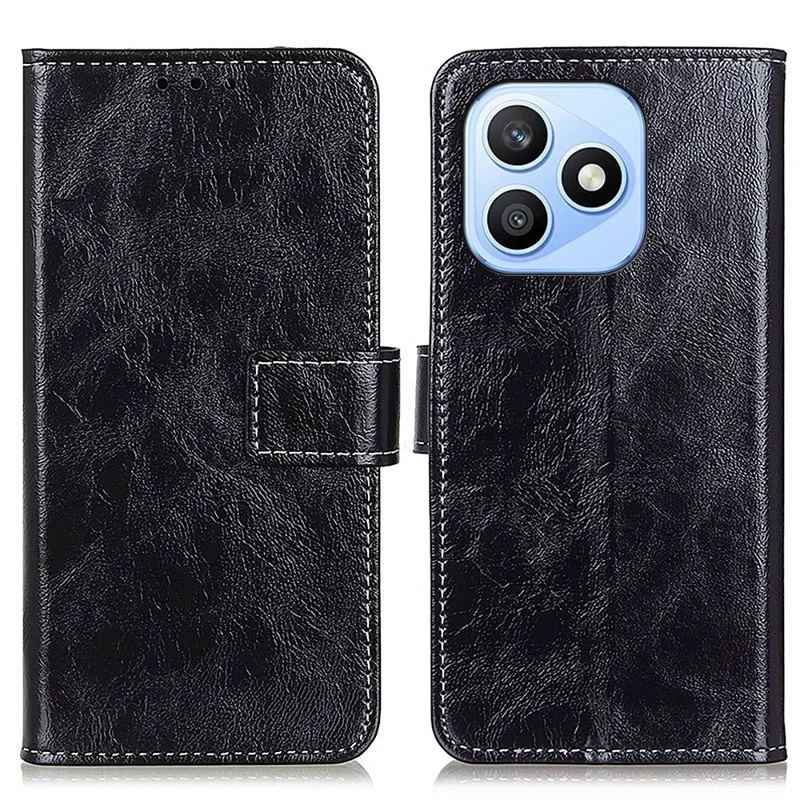 For Honor X8d 4G Case Wallet Leather Phone Cover Crazy Horse Texture - Black