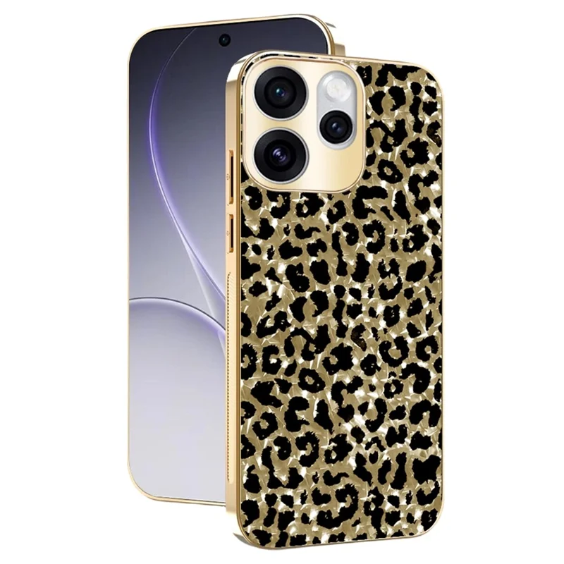For Oppo Reno15 Pro 5G (Global) / Reno15 5G (China) Case Electroplating Frame Leopard Pattern PC + TPU Hybrid Phone Cover - Gold