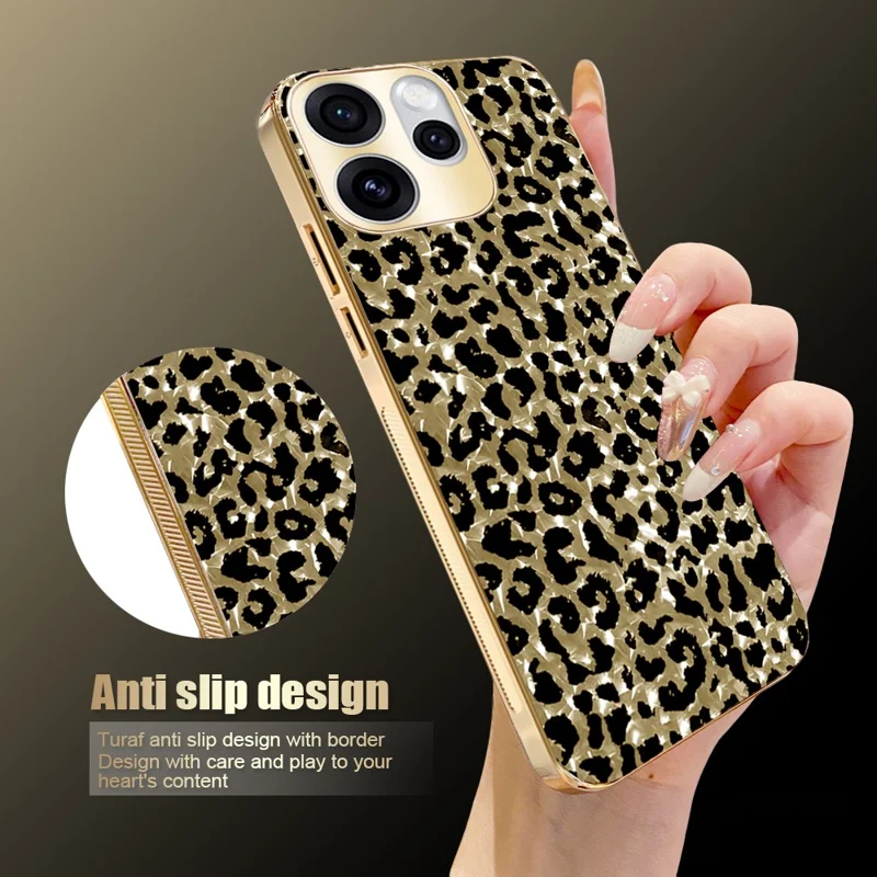 For Oppo Reno15 Pro 5G (Global) / Reno15 5G (China) Case Electroplating Frame Leopard Pattern PC + TPU Hybrid Phone Cover - Gold