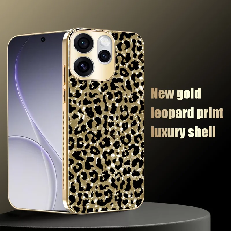 For Oppo Reno15 Pro 5G (Global) / Reno15 5G (China) Case Electroplating Frame Leopard Pattern PC + TPU Hybrid Phone Cover - Gold