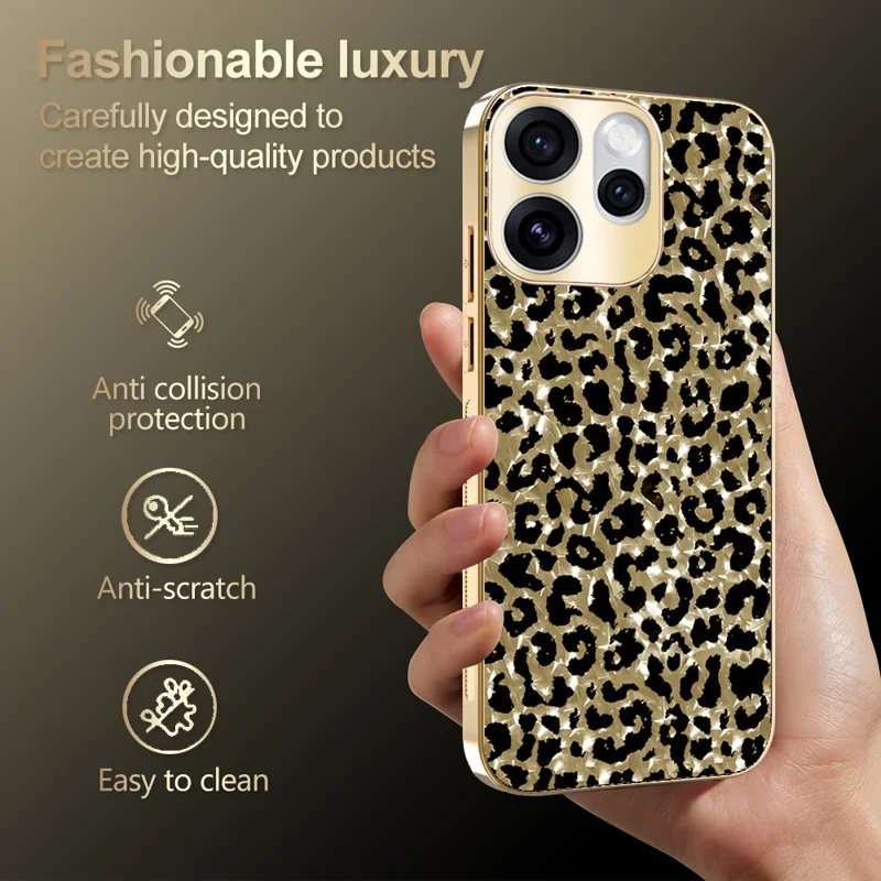 For Oppo Reno15 Pro 5G (Global) / Reno15 5G (China) Case Electroplating Frame Leopard Pattern PC + TPU Hybrid Phone Cover - Gold