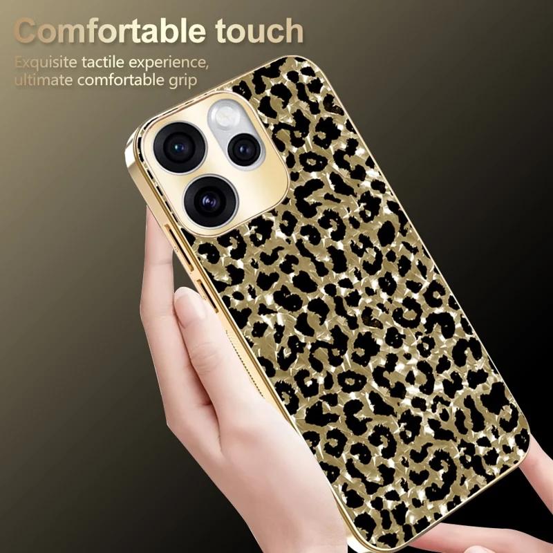 For Oppo Reno15 Pro 5G (Global) / Reno15 5G (China) Case Electroplating Frame Leopard Pattern PC + TPU Hybrid Phone Cover - Gold