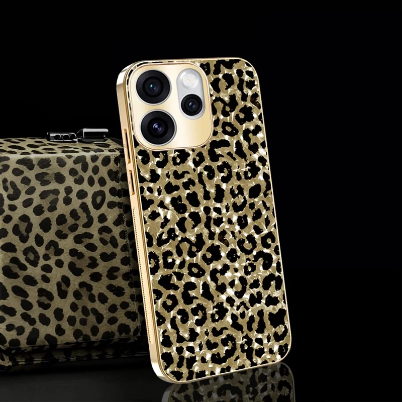For Oppo Reno15 Pro 5G (Global) / Reno15 5G (China) Case Electroplating Frame Leopard Pattern PC + TPU Hybrid Phone Cover - Gold