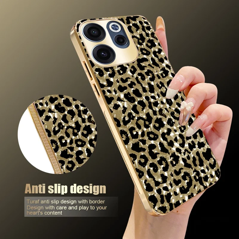 For Oppo Reno15 F 5G Case Electroplating Frame Leopard Pattern PC + TPU Hybrid Phone Cover - Gold
