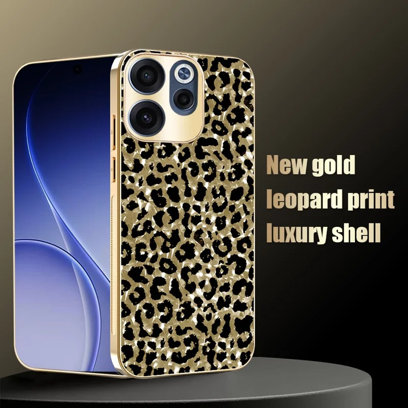 For Oppo Reno15 F 5G Case Electroplating Frame Leopard Pattern PC + TPU Hybrid Phone Cover - Gold