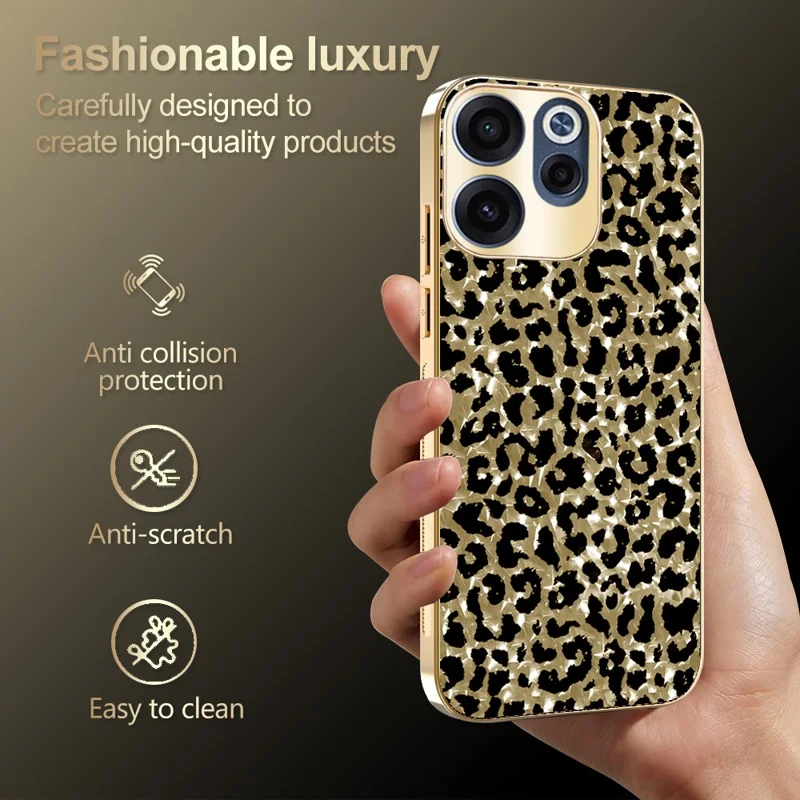For Oppo Reno15 F 5G Case Electroplating Frame Leopard Pattern PC + TPU Hybrid Phone Cover - Gold