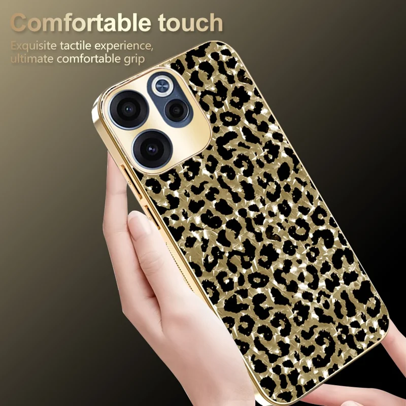 For Oppo Reno15 F 5G Case Electroplating Frame Leopard Pattern PC + TPU Hybrid Phone Cover - Gold