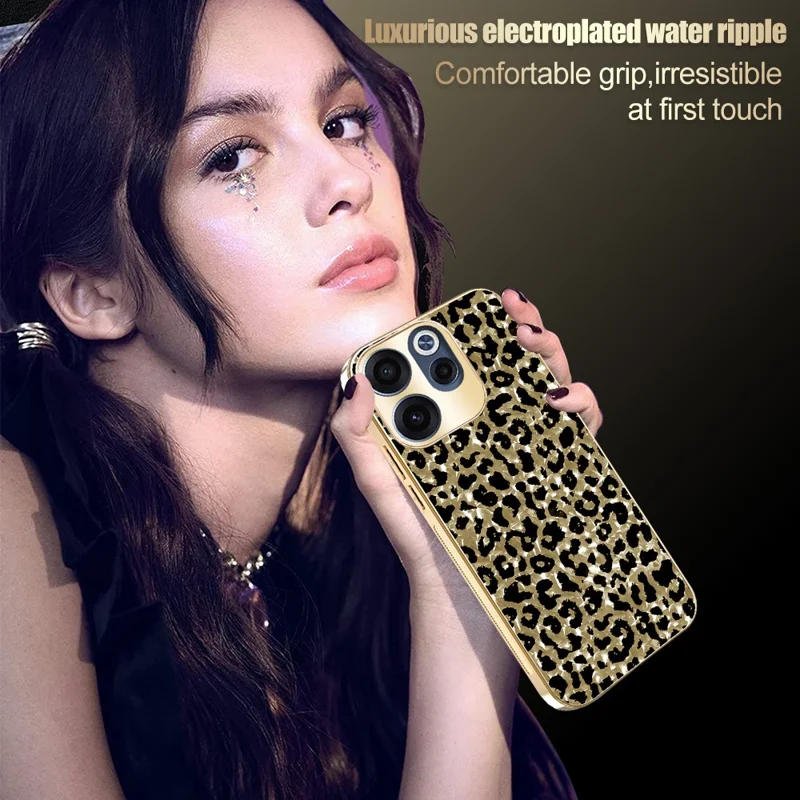 For Oppo Reno15 F 5G Case Electroplating Frame Leopard Pattern PC + TPU Hybrid Phone Cover - Gold