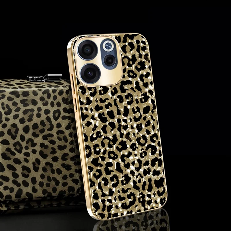 For Oppo Reno15 F 5G Case Electroplating Frame Leopard Pattern PC + TPU Hybrid Phone Cover - Gold
