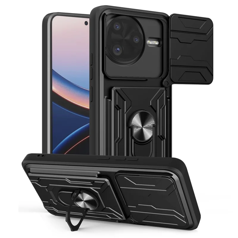 Achat en gros pour Xiaomi Redmi K80 Pro 5G / Poco F7 Ultra 5G, étui arrière en PC + TPU avec support pivotant et coulissant pour objectif - Noir