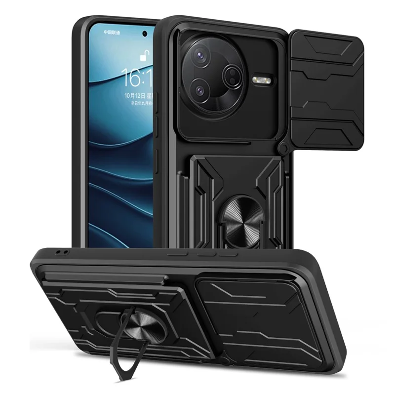 Acquisto all'ingrosso per custodia Xiaomi Redmi K80 5G / Poco F7 Pro 5G, retro in PC + TPU con supporto pieghevole, chiusura posteriore con cursore per fotocamera - Nero