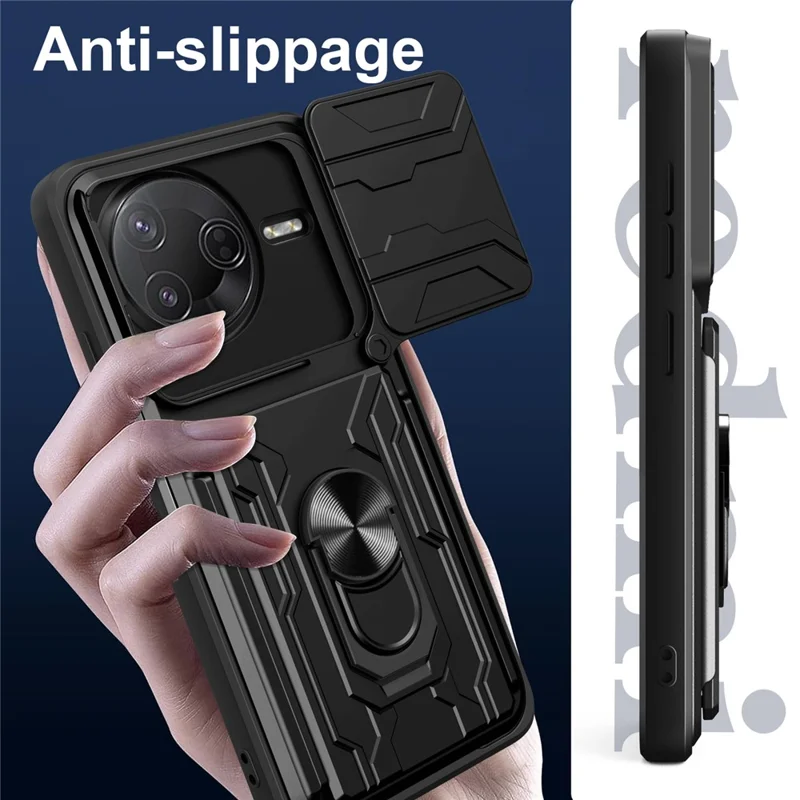 Acquisto all'ingrosso per custodia Xiaomi Redmi K80 5G / Poco F7 Pro 5G, retro in PC + TPU con supporto pieghevole, chiusura posteriore con cursore per fotocamera - Nero