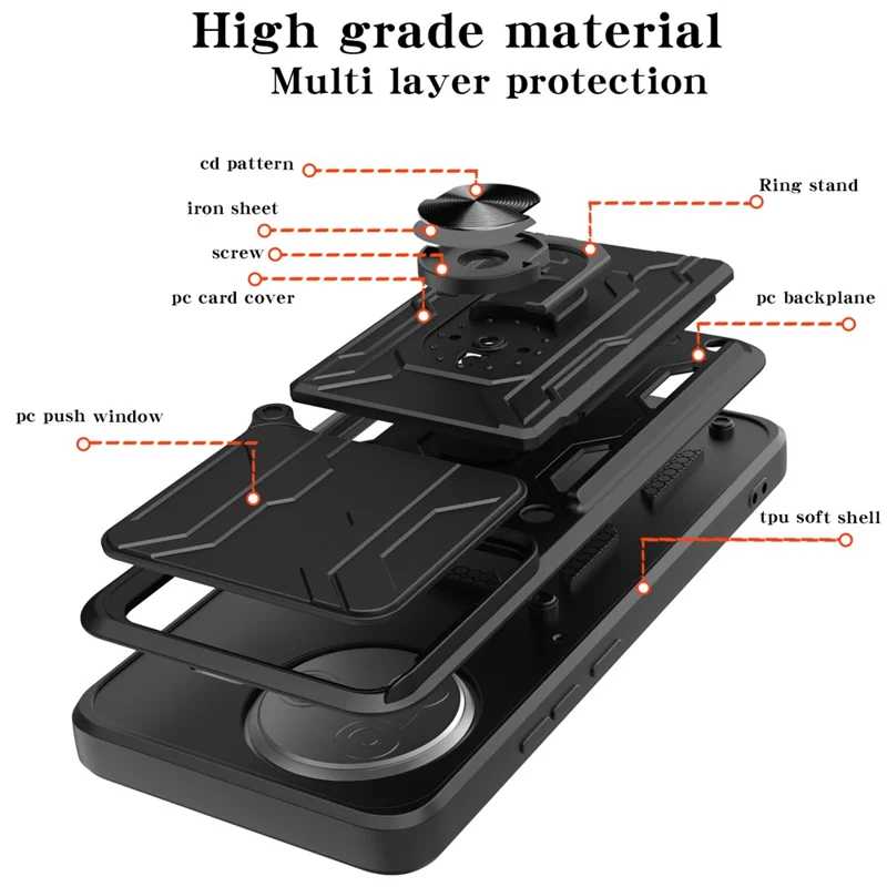 Acquisto all'ingrosso per custodia Xiaomi Redmi K80 5G / Poco F7 Pro 5G, retro in PC + TPU con supporto pieghevole, chiusura posteriore con cursore per fotocamera - Nero