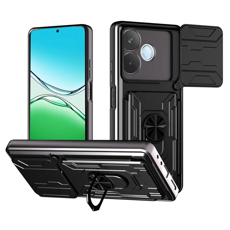 شراء بالجملة لغطاء Oppo A5 Pro 5G (عالمي) من مادة البولي كربونات + TPU مع حامل قابل للطي وغطاء خلفي للهاتف مع شريحة كاميرا منزلقة - أسود