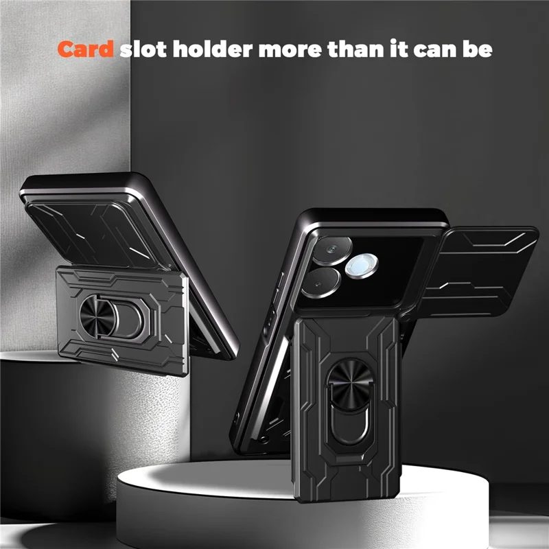 شراء بالجملة لغطاء Oppo A5 Pro 5G (عالمي) من مادة البولي كربونات + TPU مع حامل قابل للطي وغطاء خلفي للهاتف مع شريحة كاميرا منزلقة - أسود