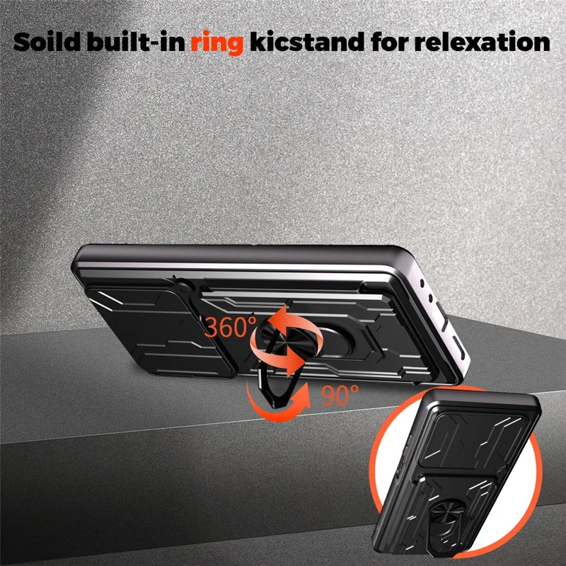 شراء بالجملة لغطاء Oppo A5 Pro 5G (عالمي) من مادة البولي كربونات + TPU مع حامل قابل للطي وغطاء خلفي للهاتف مع شريحة كاميرا منزلقة - أسود