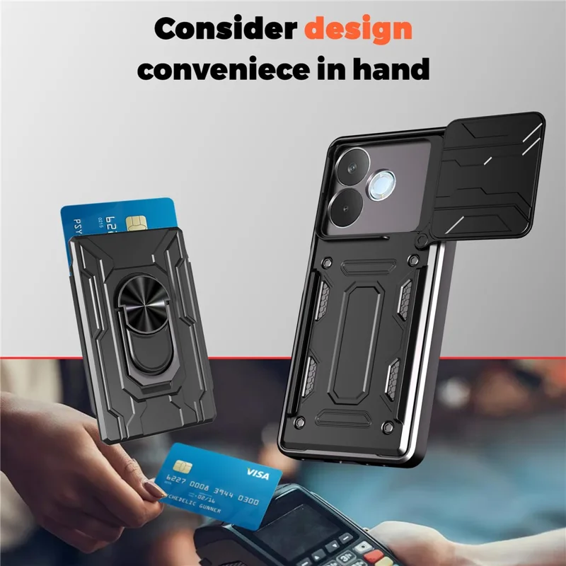 شراء بالجملة لغطاء Oppo A5 Pro 5G (عالمي) من مادة البولي كربونات + TPU مع حامل قابل للطي وغطاء خلفي للهاتف مع شريحة كاميرا منزلقة - أسود