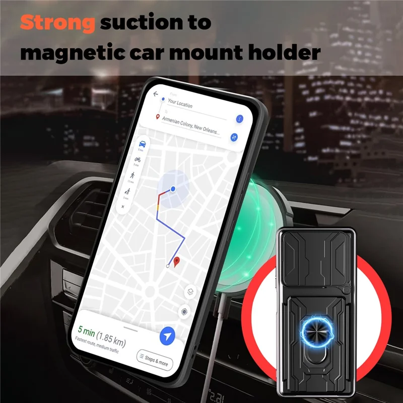 شراء بالجملة لغطاء Oppo A5 Pro 5G (عالمي) من مادة البولي كربونات + TPU مع حامل قابل للطي وغطاء خلفي للهاتف مع شريحة كاميرا منزلقة - أسود