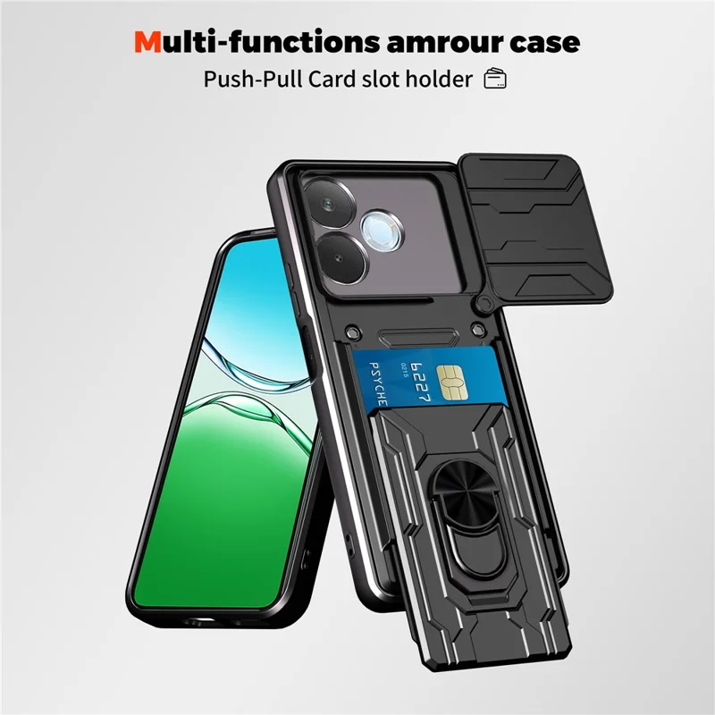 شراء بالجملة لغطاء Oppo A5 Pro 5G (عالمي) من مادة البولي كربونات + TPU مع حامل قابل للطي وغطاء خلفي للهاتف مع شريحة كاميرا منزلقة - أسود