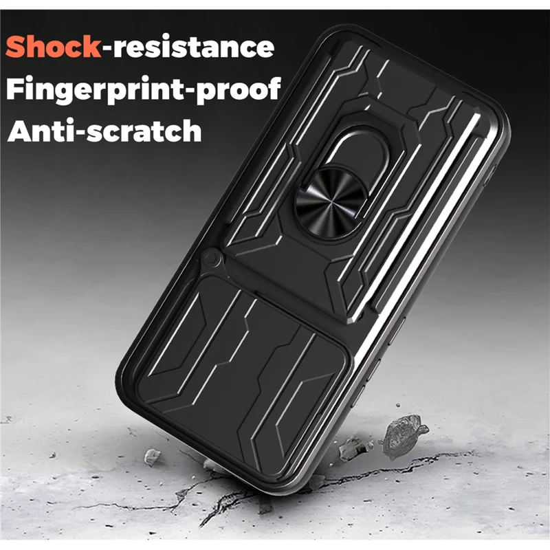 شراء بالجملة لغطاء Oppo A5 Pro 5G (عالمي) من مادة البولي كربونات + TPU مع حامل قابل للطي وغطاء خلفي للهاتف مع شريحة كاميرا منزلقة - أسود