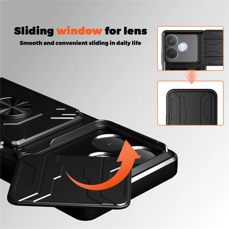 شراء بالجملة لغطاء Oppo A5 Pro 5G (عالمي) من مادة البولي كربونات + TPU مع حامل قابل للطي وغطاء خلفي للهاتف مع شريحة كاميرا منزلقة - أسود