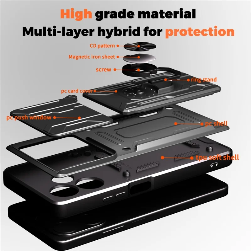 شراء بالجملة لغطاء Oppo A5 Pro 5G (عالمي) من مادة البولي كربونات + TPU مع حامل قابل للطي وغطاء خلفي للهاتف مع شريحة كاميرا منزلقة - أسود