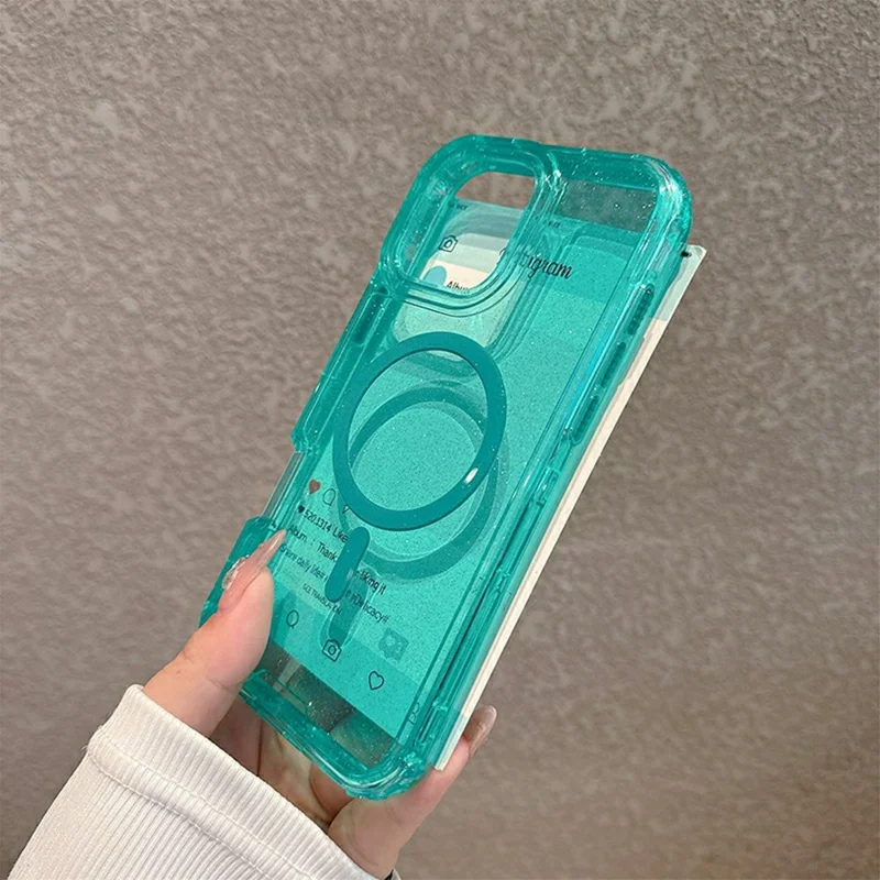 For iPhone 16 Pro Magnetic Phone Case Detachable 2-in-1 Glitter TPU PC Cover Compatible with MagSafe - Mint Green