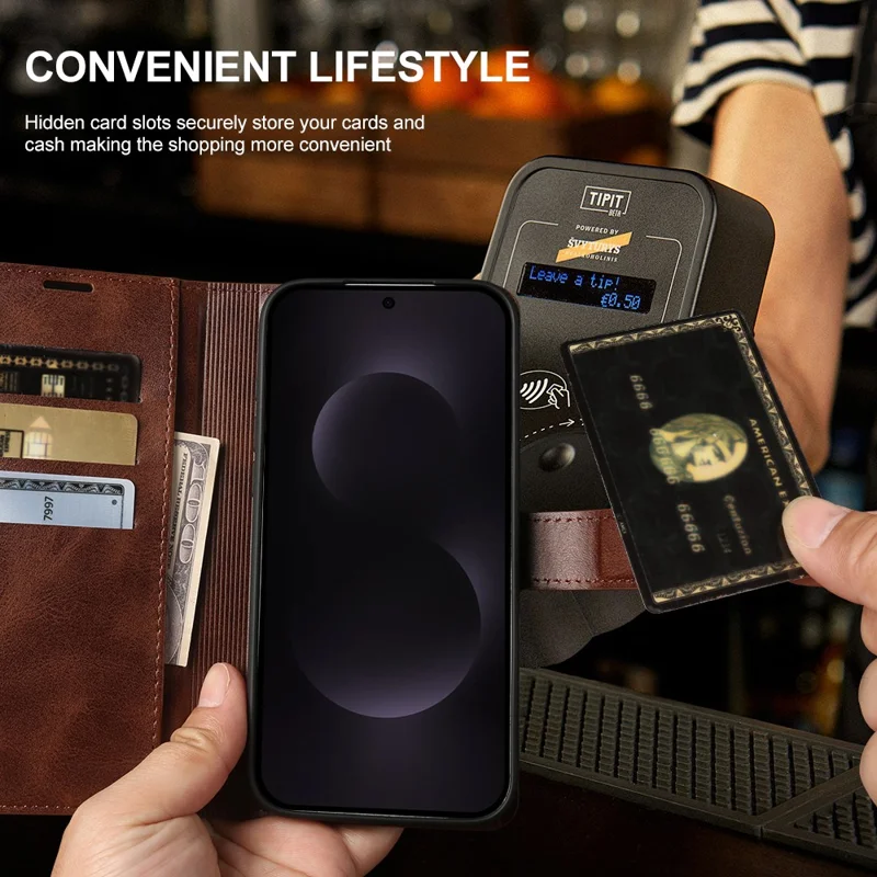 Funda tipo cartera con soporte para Samsung Galaxy S25+, cubierta abatible de cuero PU con textura de ternero - Marrón