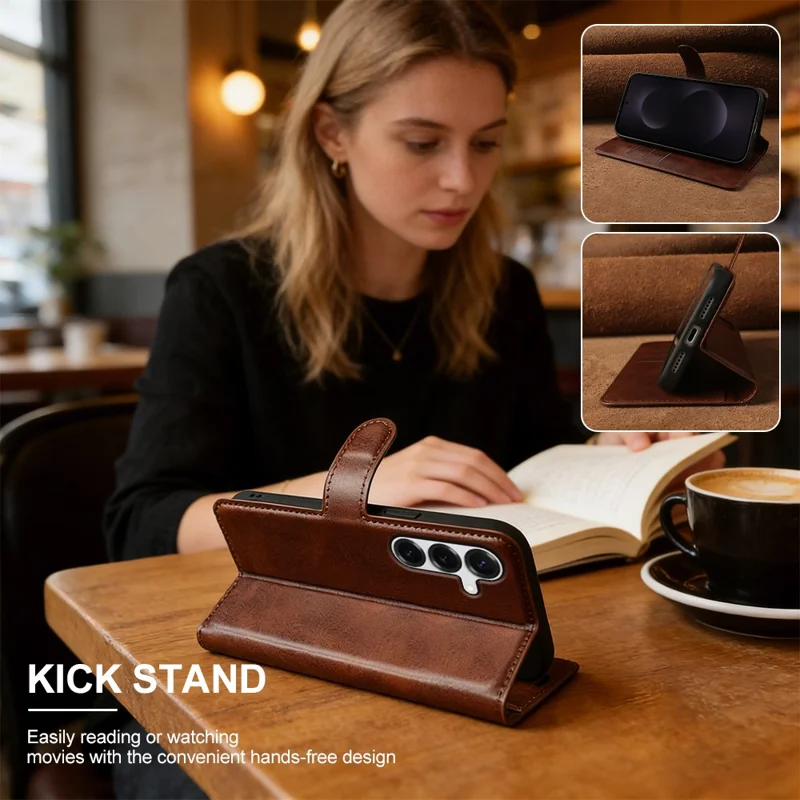 Funda tipo cartera con soporte para Samsung Galaxy S25+, cubierta abatible de cuero PU con textura de ternero - Marrón