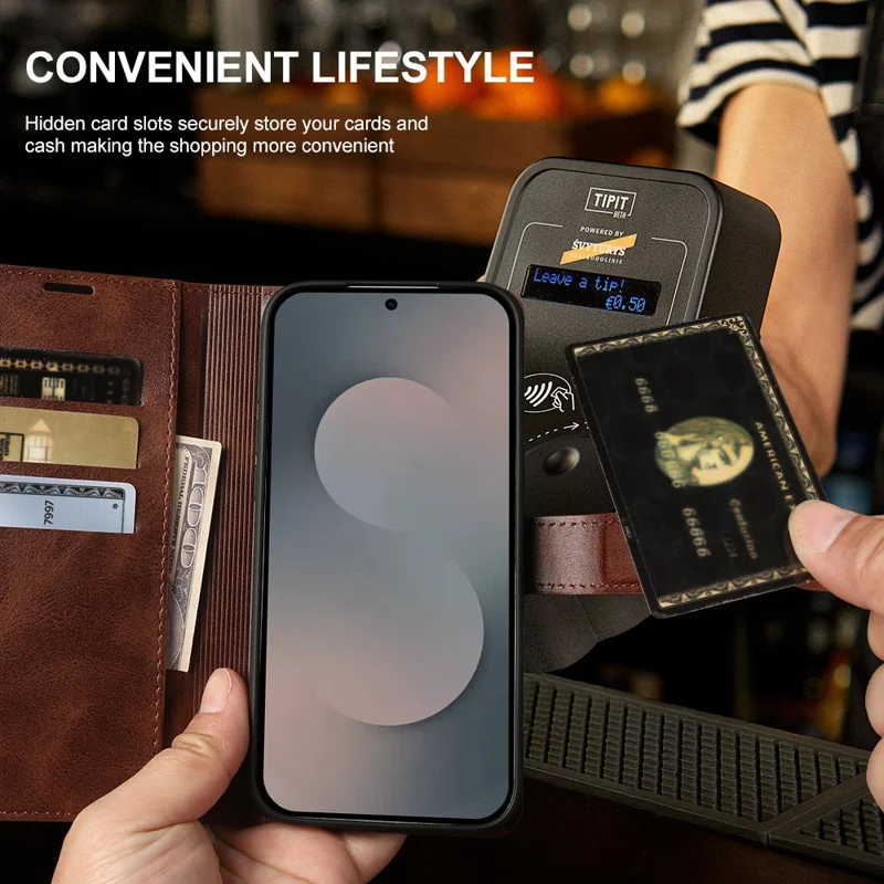 Fodral för Samsung Galaxy S25 Ultra, ställfodral, plånbok, kalvläderstruktur, vikbar hölse i PU-läder - Brun