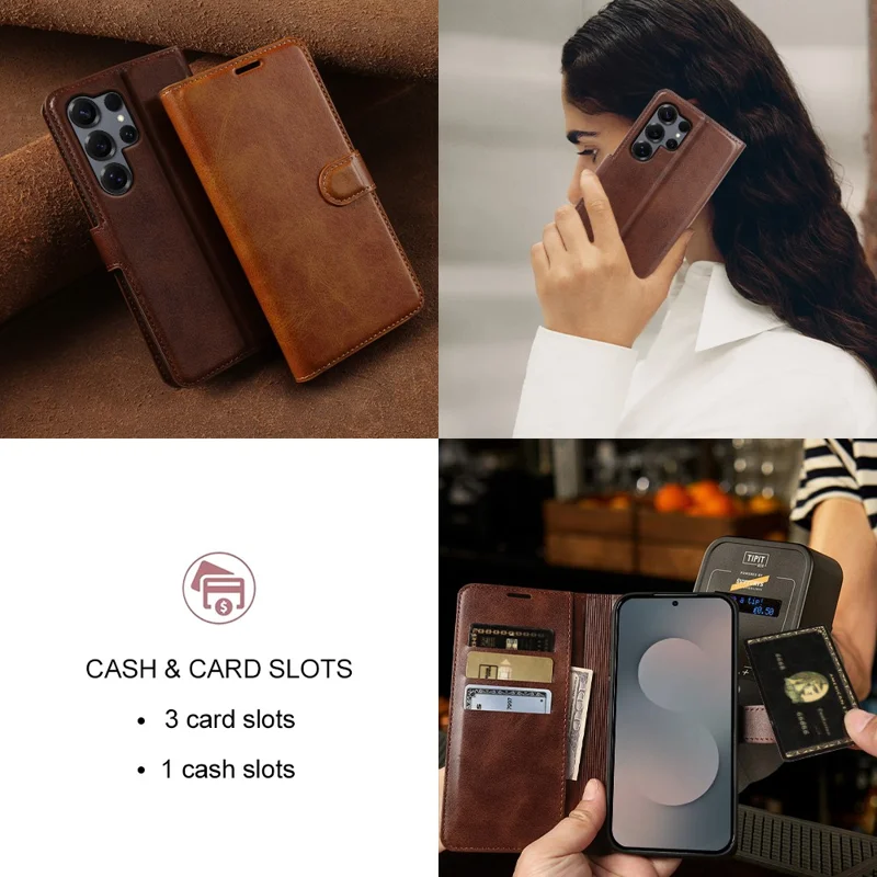 Fodral för Samsung Galaxy S25 Ultra, ställfodral, plånbok, kalvläderstruktur, vikbar hölse i PU-läder - Brun