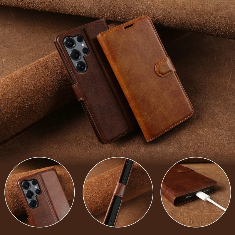 Fodral för Samsung Galaxy S25 Ultra, ställfodral, plånbok, kalvläderstruktur, vikbar hölse i PU-läder - Brun
